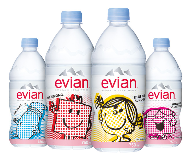 evian mr men little miss japan packaging label design bottled water sanrio mr glug