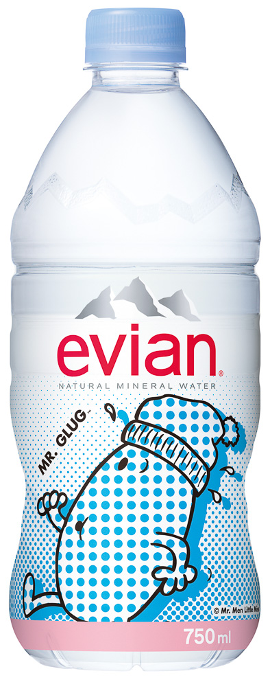 evian mr men little miss japan packaging label design bottled water sanrio mr glug