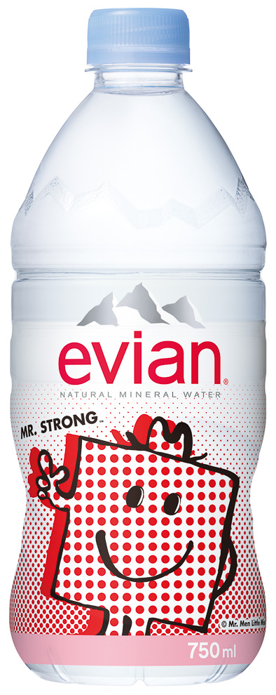 evian mr men little miss japan packaging label design bottled water sanrio mr glug