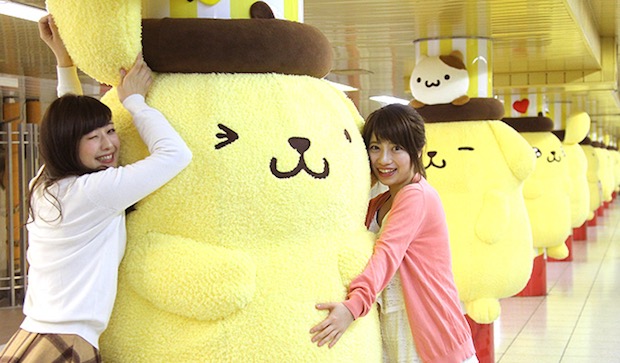 sanrio pompompurin character huggable ad shinjuku station