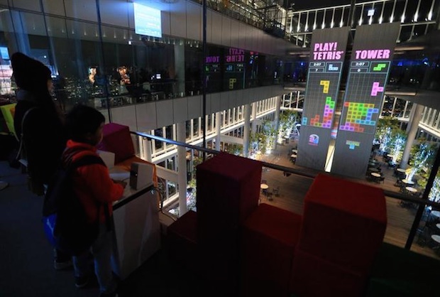 tetris tower giant wall play game japan osaka