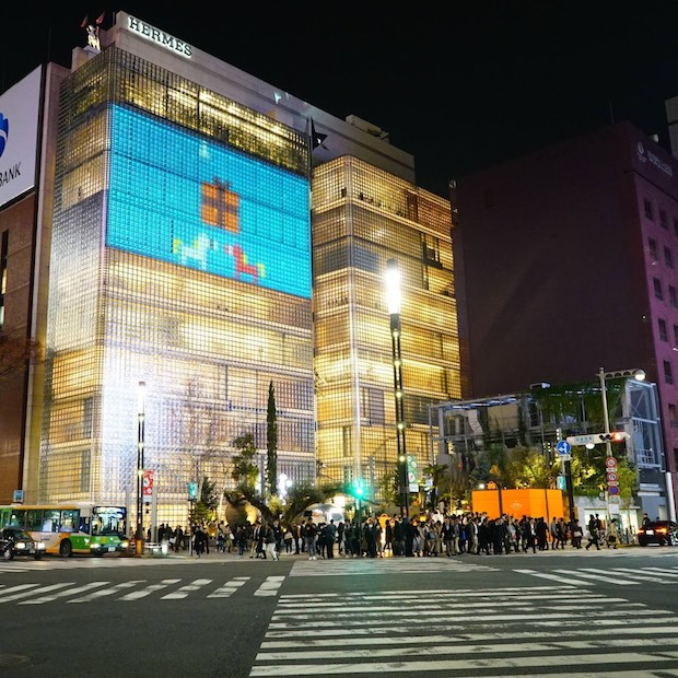 hermes jingle games maison ginza projection mapping tokyo japan christmas interactive sony park